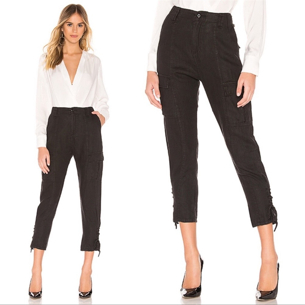 ❤️ Joie Telutci Black 100% Linen Utility Cargo Capri Pants Cropped Lace Up Ankle